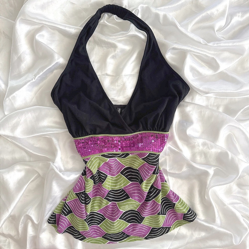Bisou Bisou Womens Y2K Halter Top Pink Sequin Geometric Shell Print Large